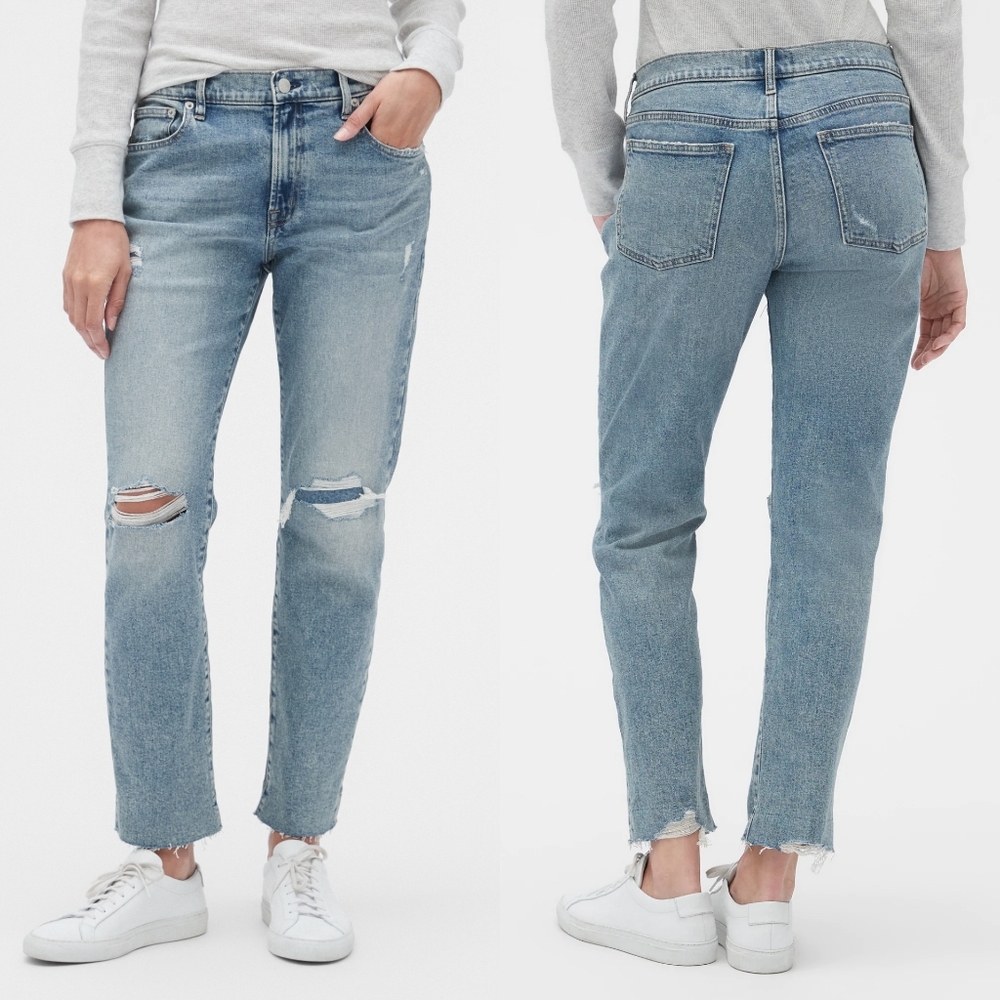 Gap Girlfriend Jeans Distressed Medium Indigo 14